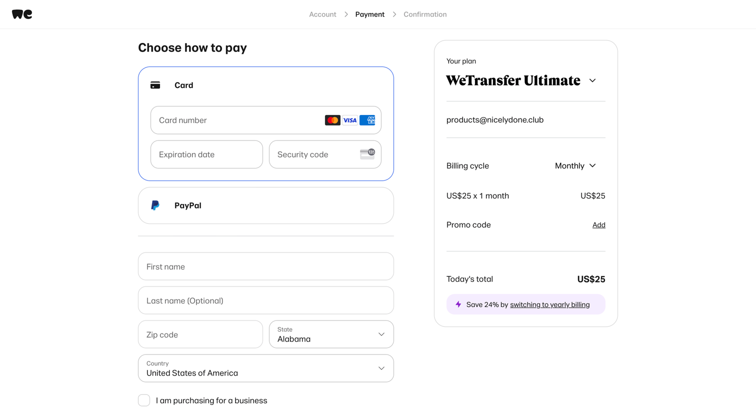 WeTransfer - Choose how to pay | WeTransfer screen