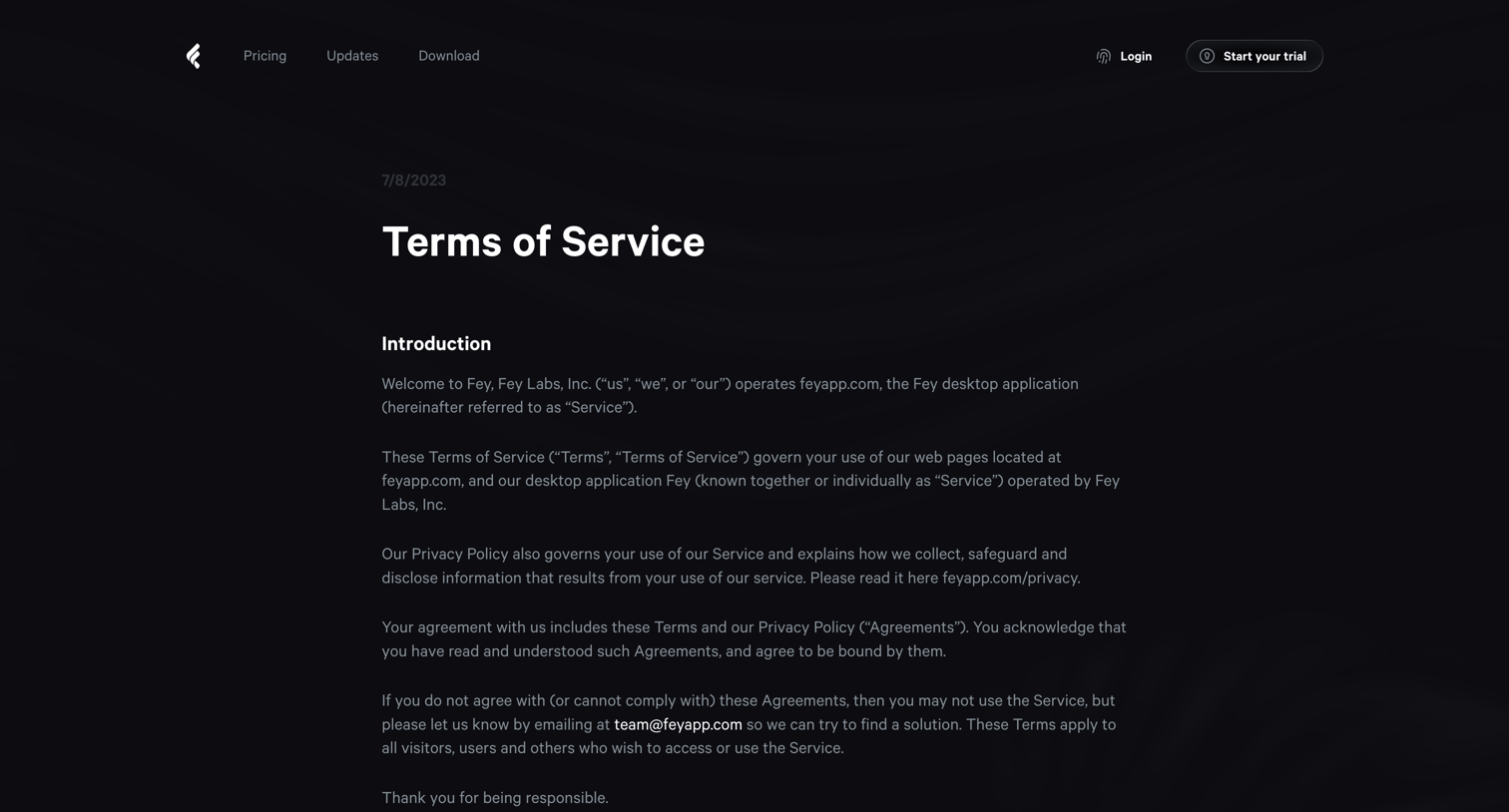 Fey - Fey | Terms of Service screen