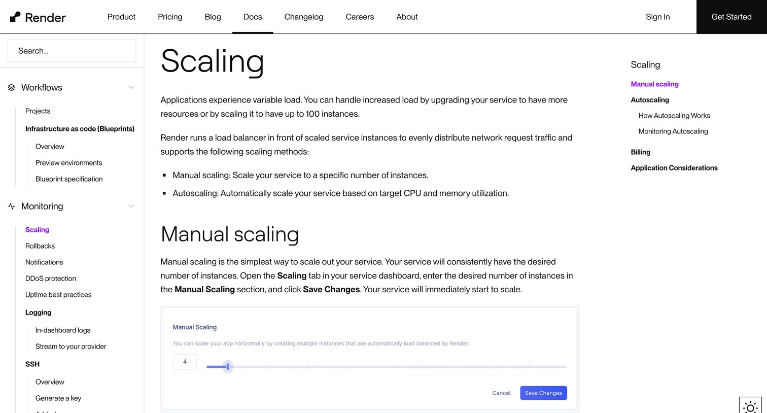 Render - Scaling | Render Docs screen
