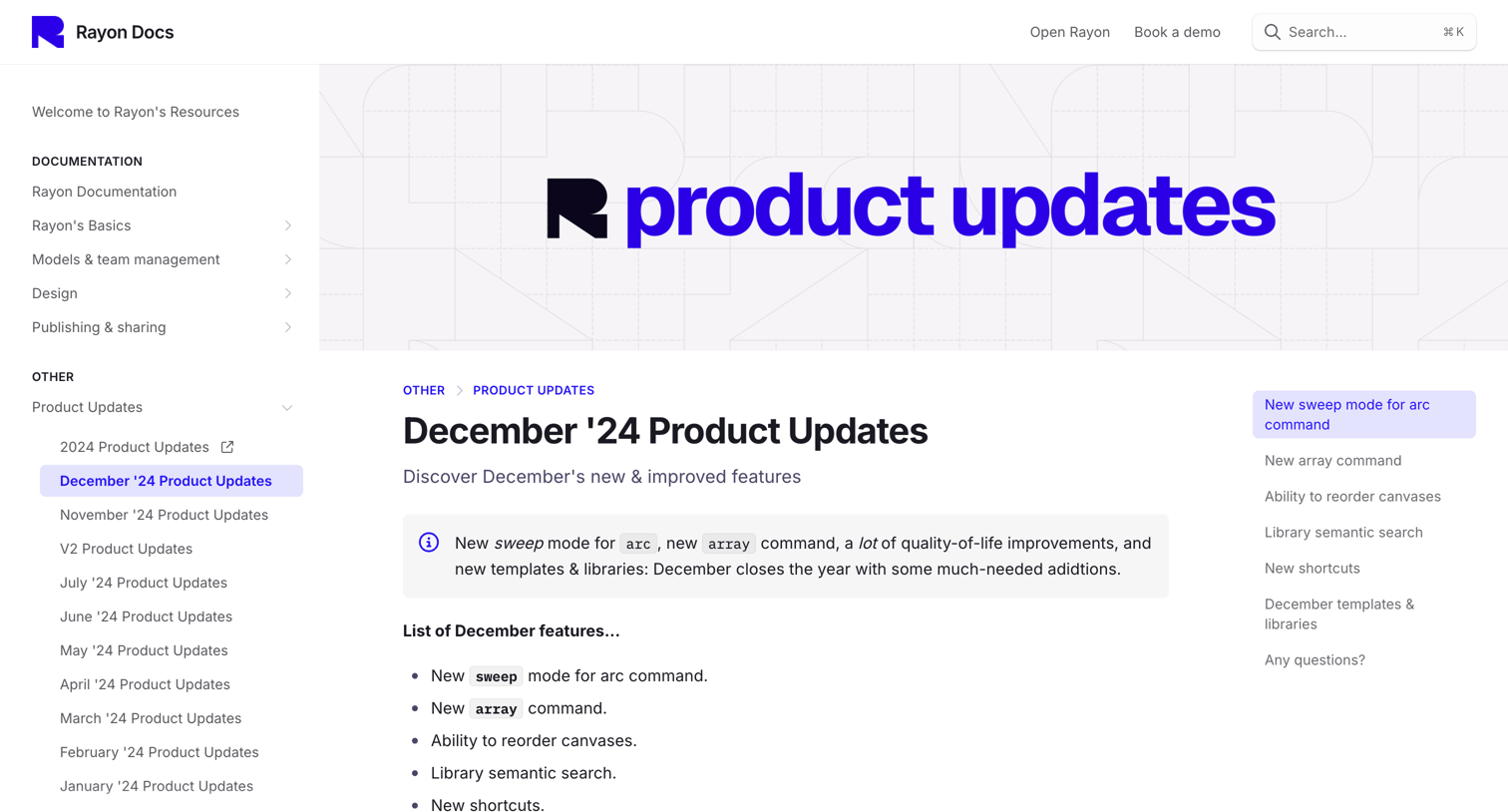 Rayon - December 24 Product Updates | Rayon Docs screen