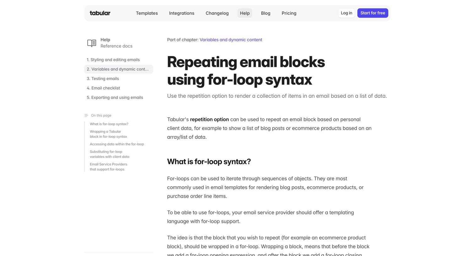 Tabular - Repeating email blocks using for-loop syntax screen