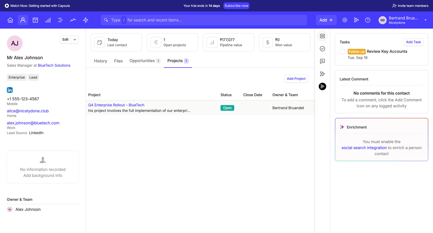 Capsule - Alex Johnson | Nicelydone CRM screen