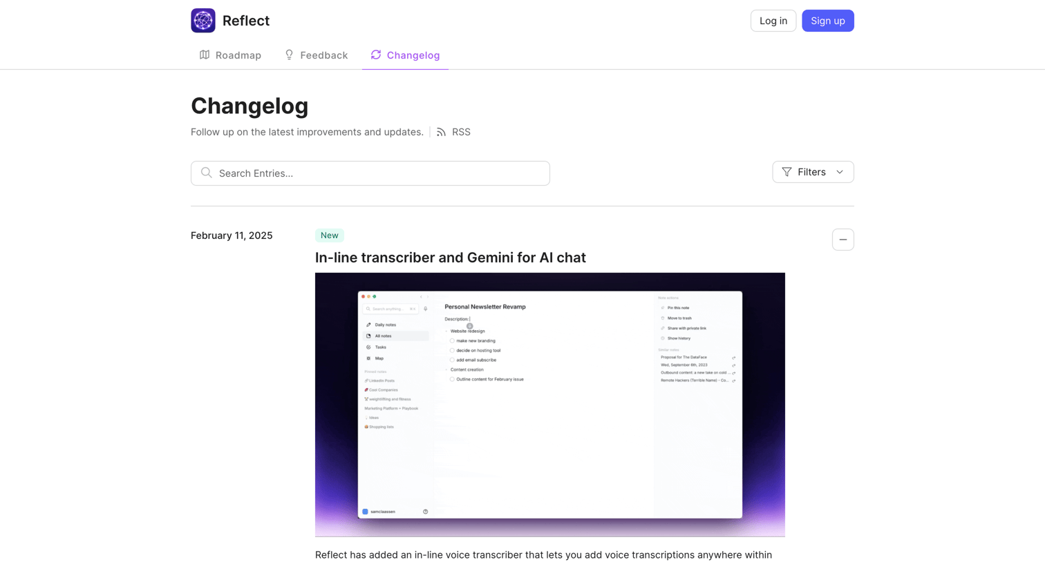 Reflect - Changelog | Reflect screen
