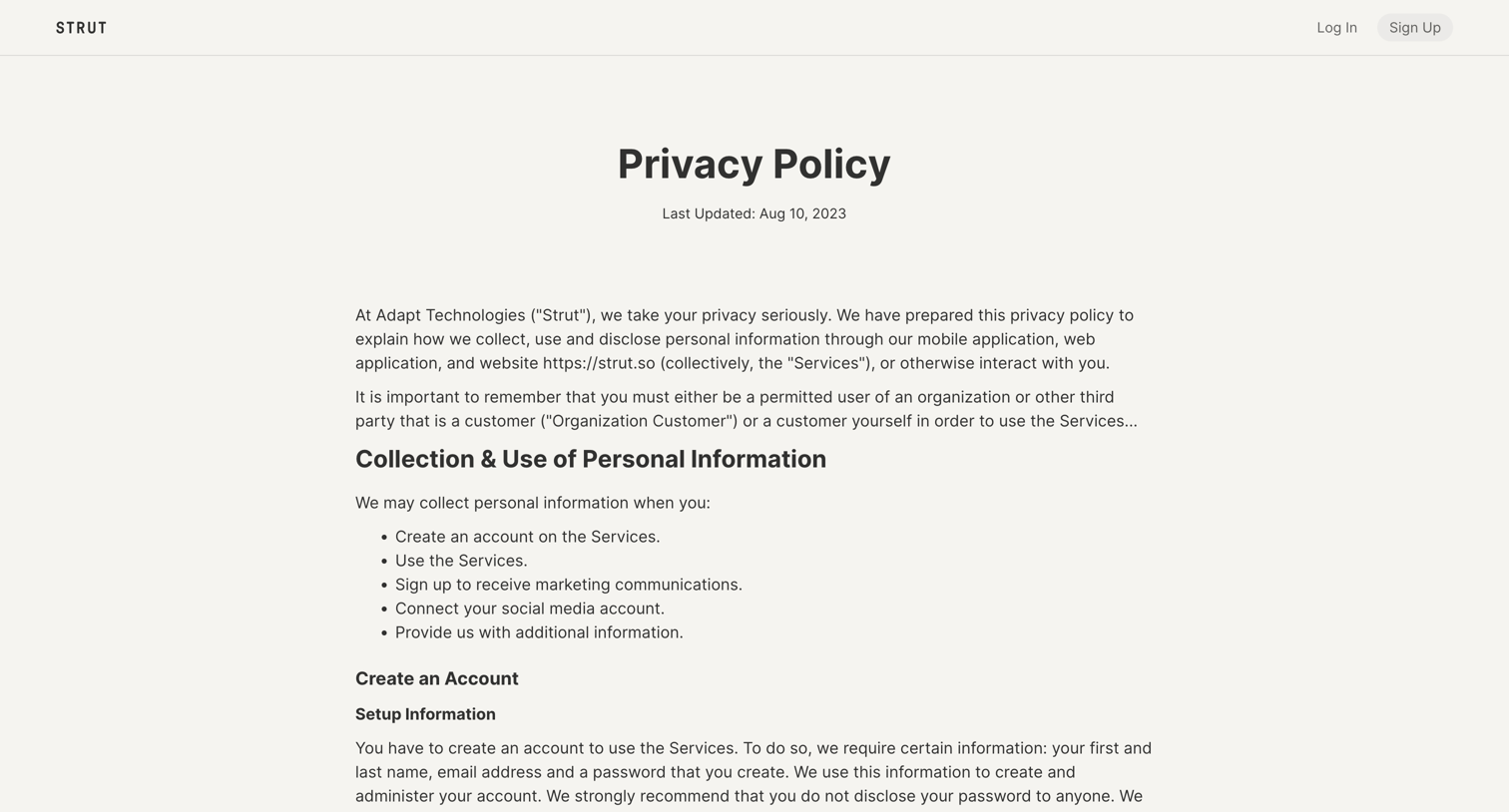 Strut - Privacy Policy screen