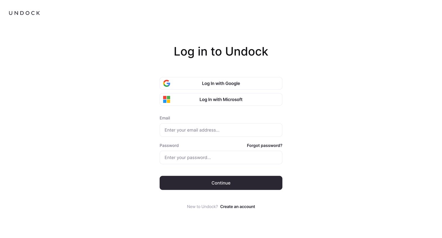 Undock - Login | Undock screen