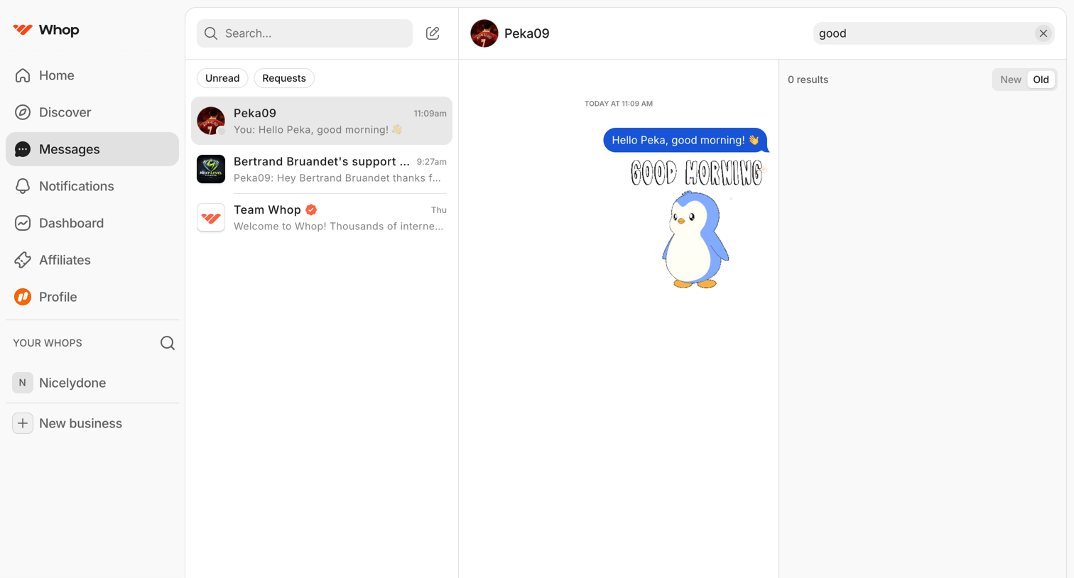 Whop - Peka09 | Messages | Whop screen