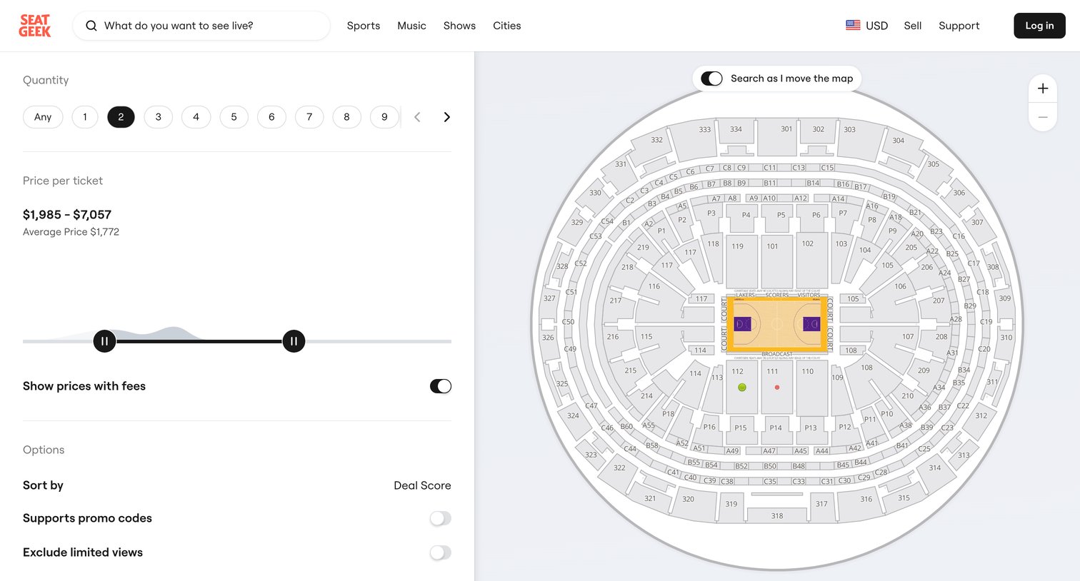 SeatGeek - Preseason Bucks at Lakers Tickets in Los Angeles Crypto.com Arena screen