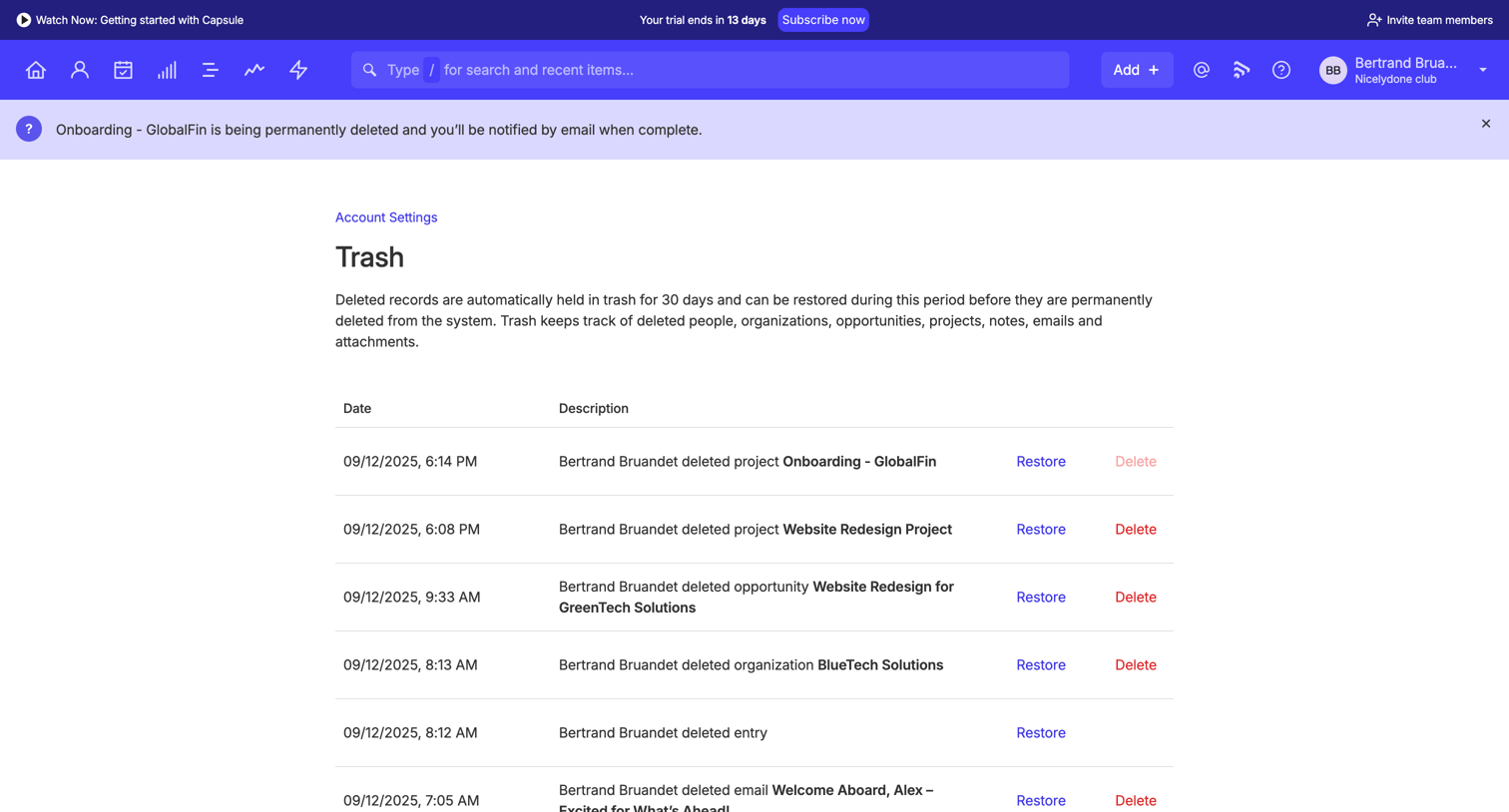 Capsule - Trash | Nicelydone club CRM screen