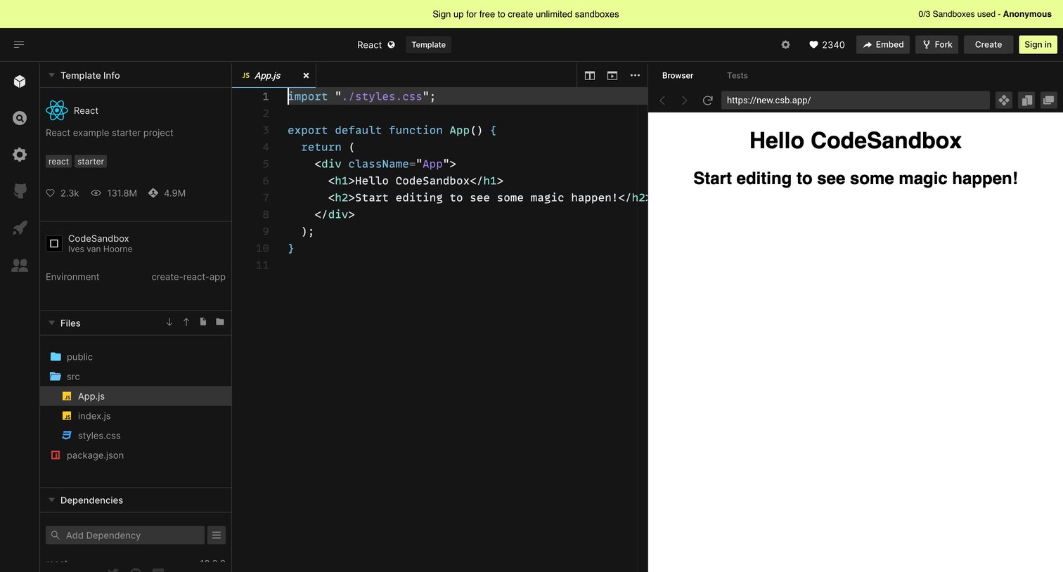 CodeSandbox - React - CodeSandbox screen