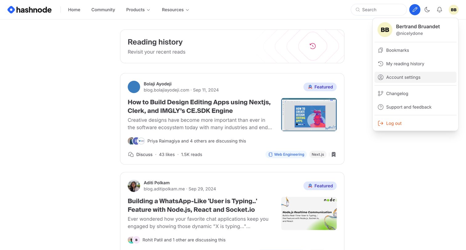 Hashnode - Reading History - Hashnode screen