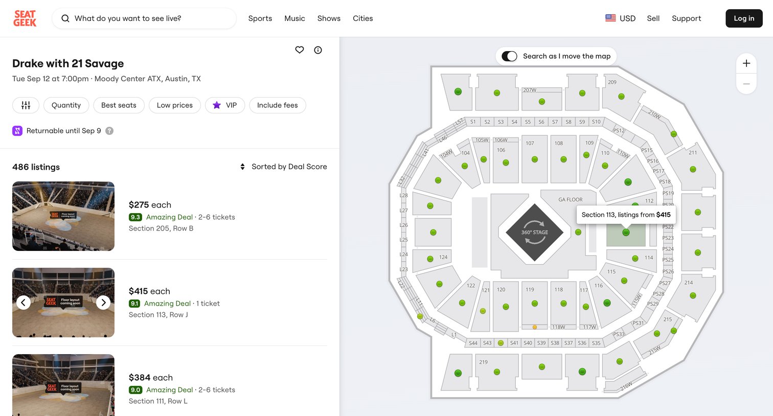 SeatGeek - Drake Tickets Austin Moody Center ATX - Sep 12, 2023 at 700pm | Se screen
