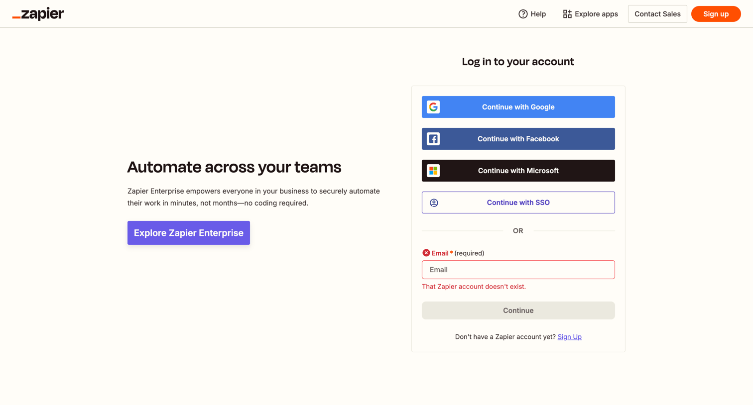Zapier - Login | Zapier screen