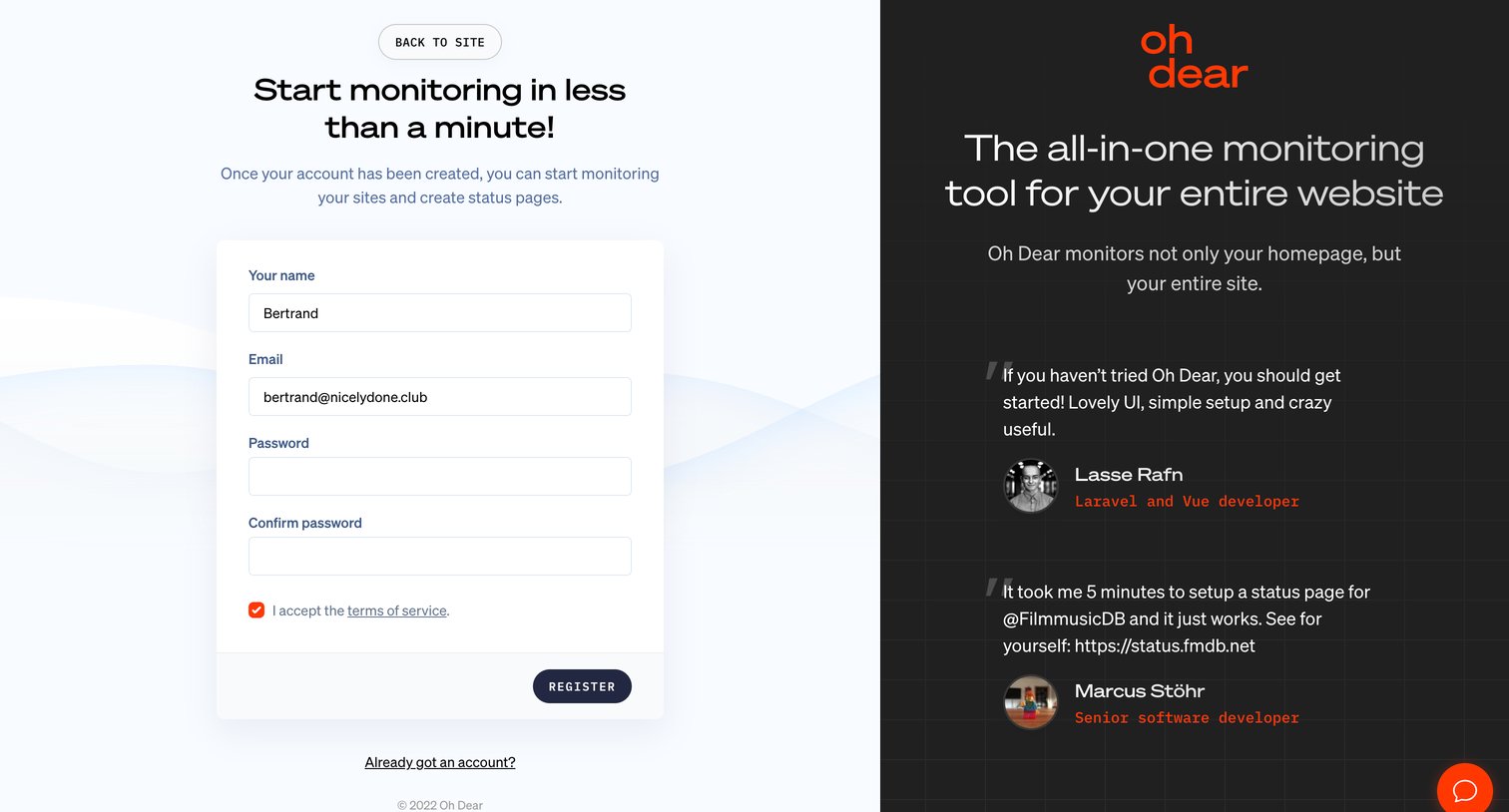 Oh Dear - Start monitoring for free - Oh Dear screen