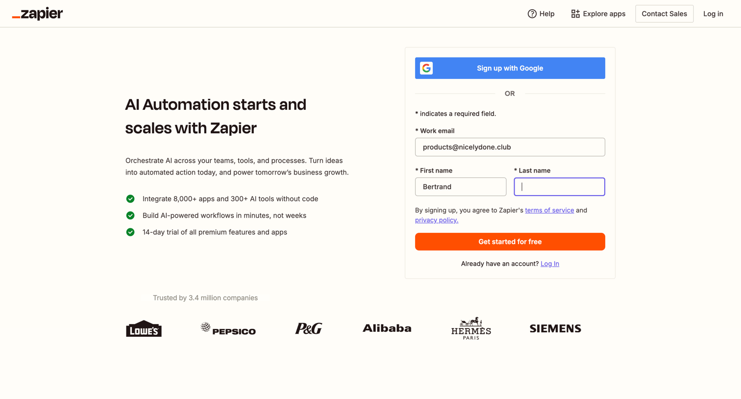 Zapier - Sign up | Zapier screen