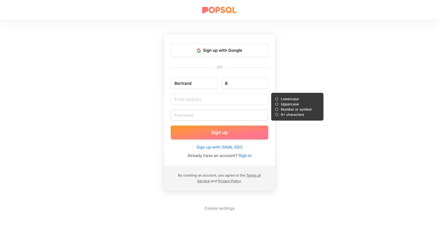 PopSQL - Sign Up | PopSQL screen