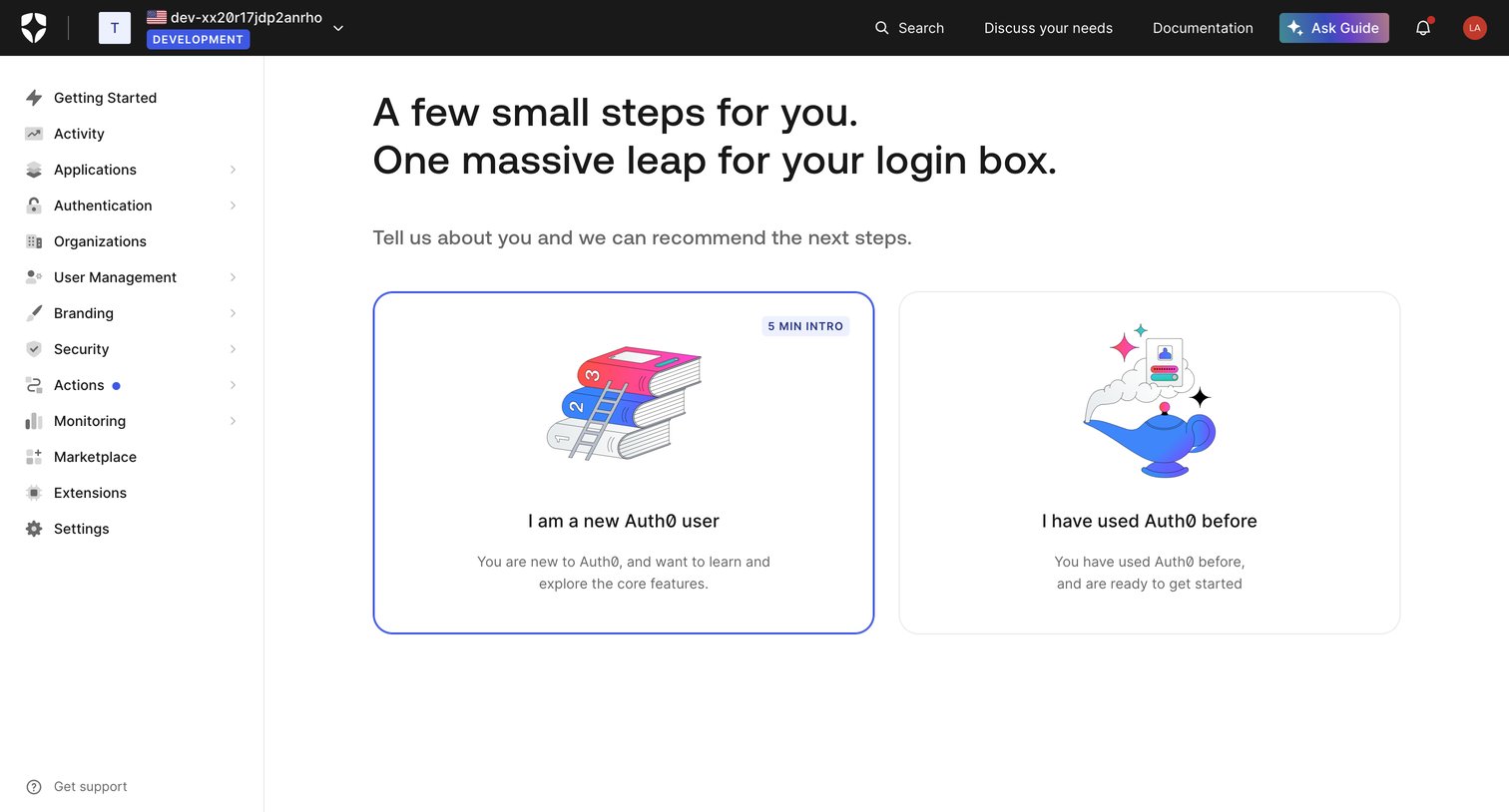 Auth0 - Onboarding Guide screen