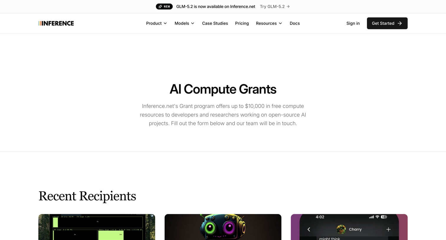 Inference - Grants Program | Inference.net screen