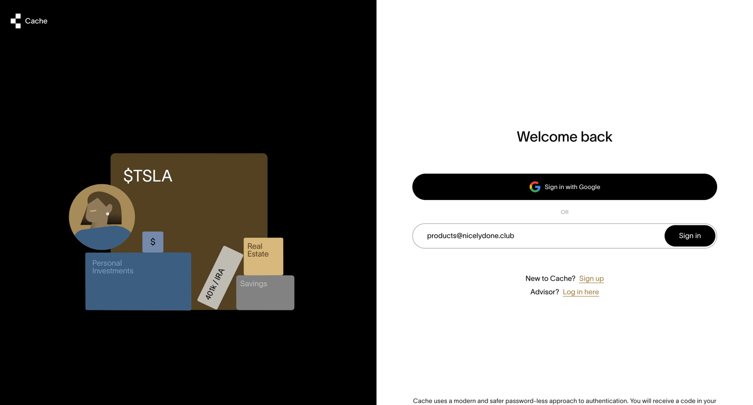 Cache - Cache – Log in screen