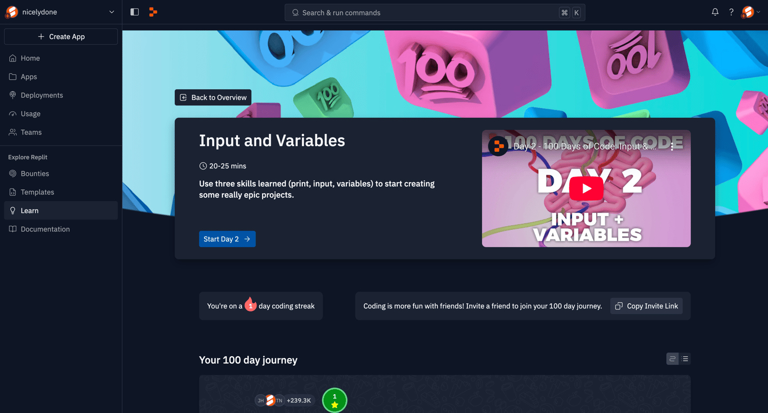 Replit - Learning Hub - Replit screen