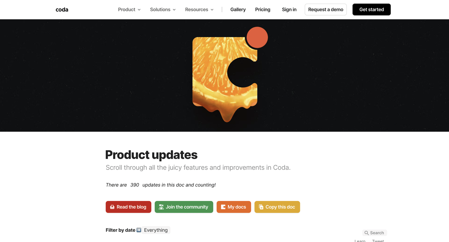 Coda - Product updates · Coda Product Updates screen