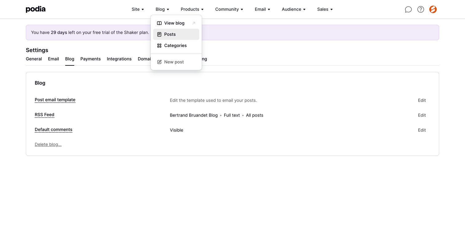 Podia - Podia Blog settings screen