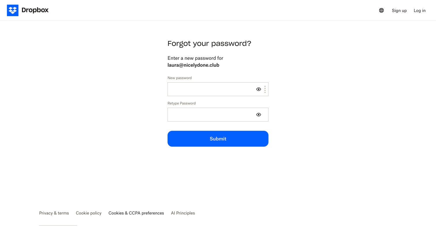 Dropbox - Dropbox - Reset your password screen