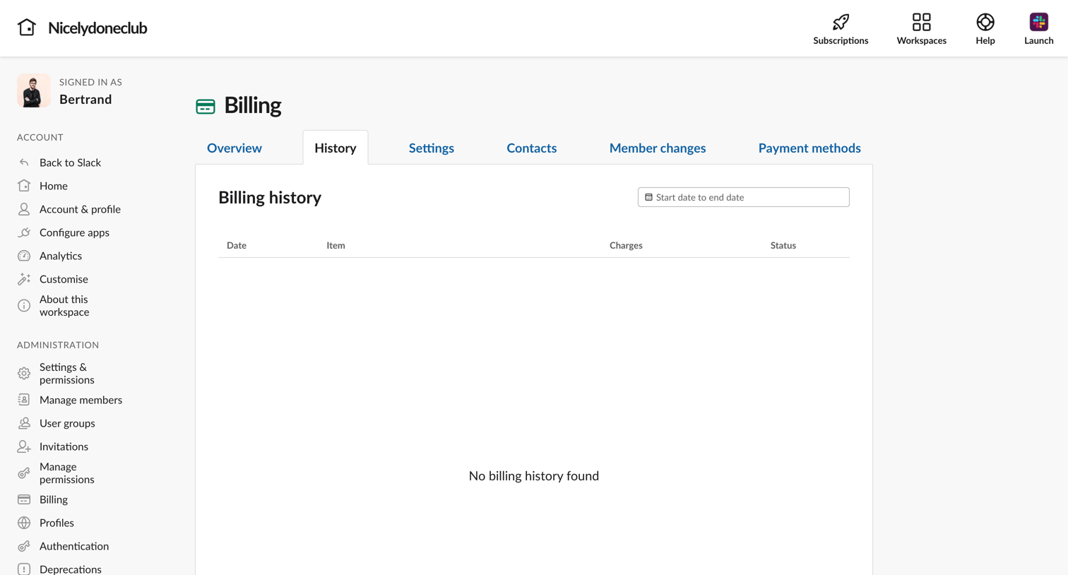 Slack - Billing history | Nicelydoneclub Slack screen