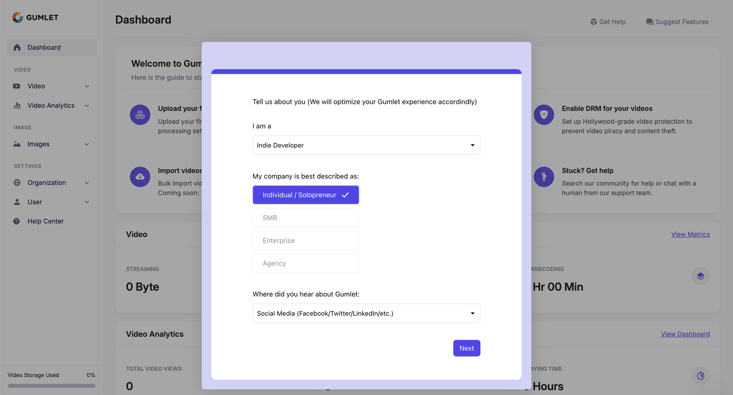 Gumlet - Dashboard - Gumlet screen