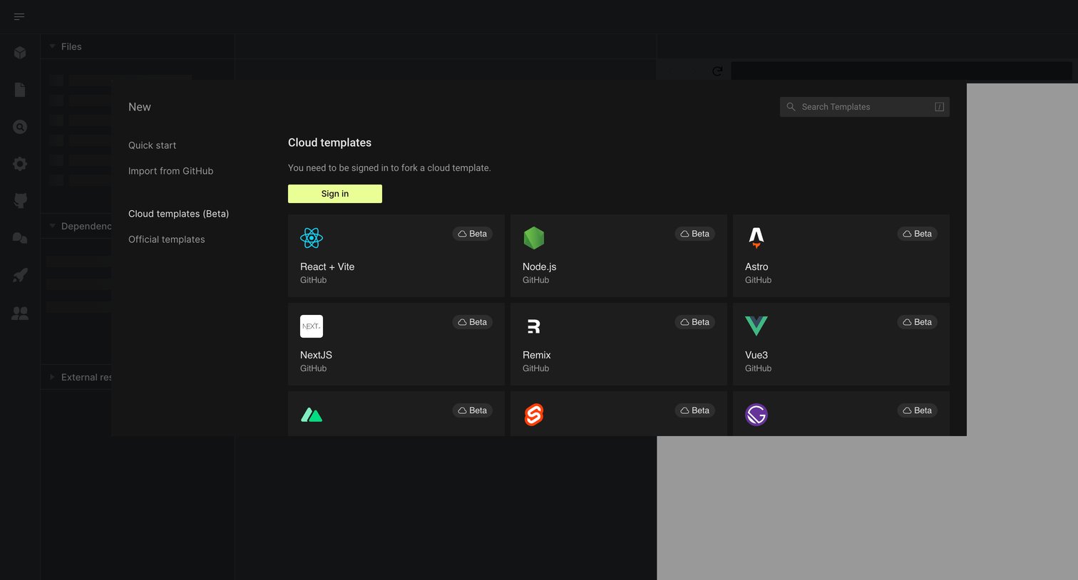 CodeSandbox - Create a new Sandbox - CodeSandbox screen