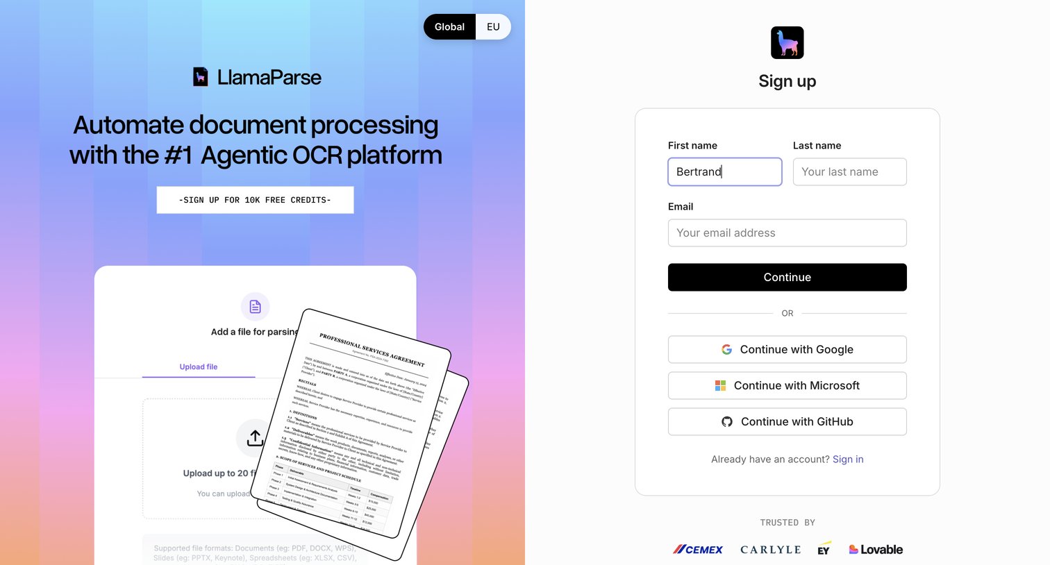 Llamaindex - Sign up screen