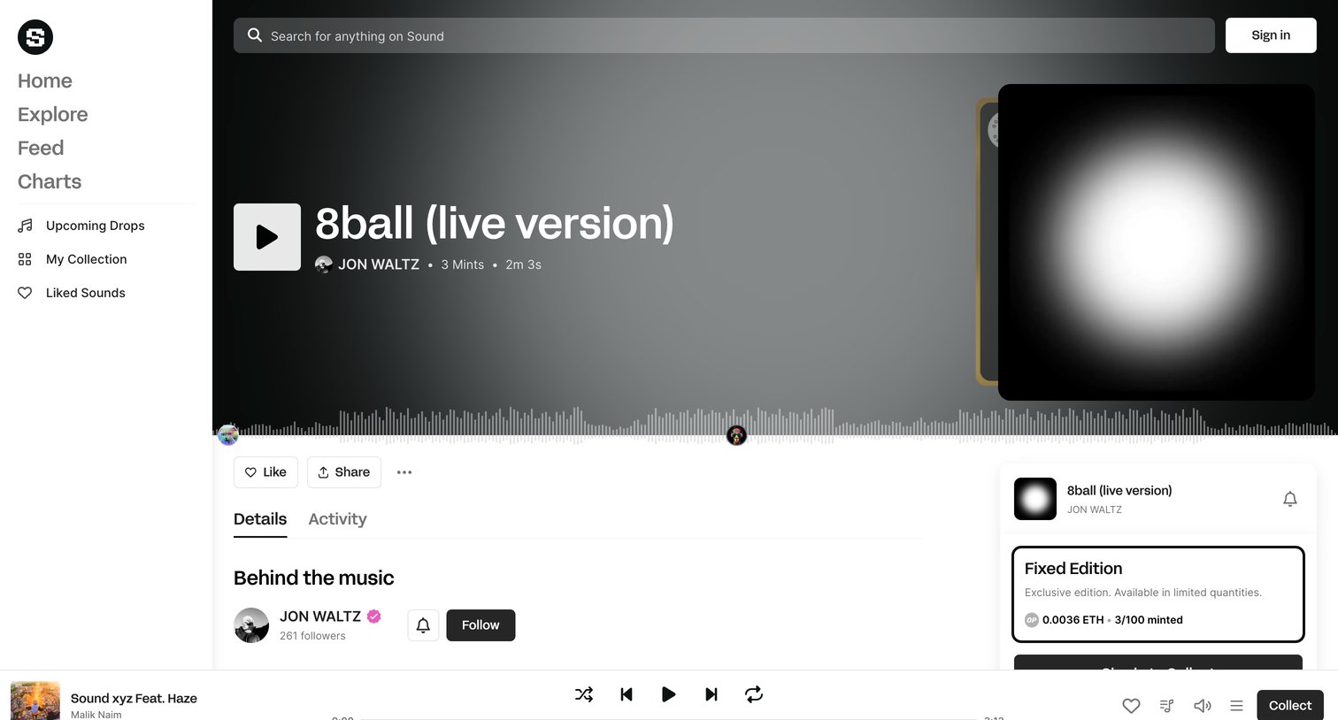 Sound.xyz - JON WALTZ - 8ball live version screen