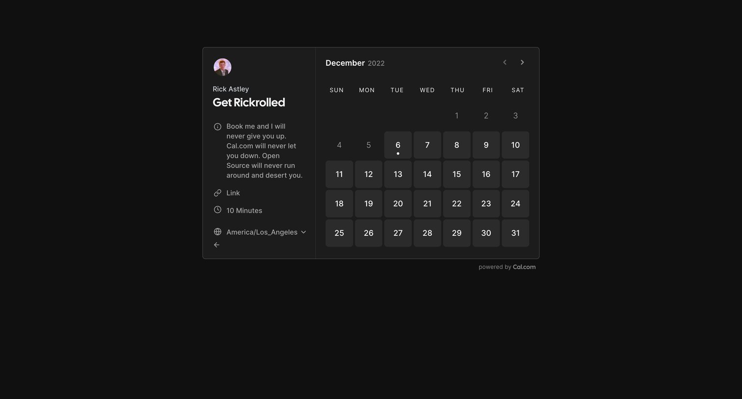 Cal.com - Get Rickrolled | Rick Astley Cal.com screen