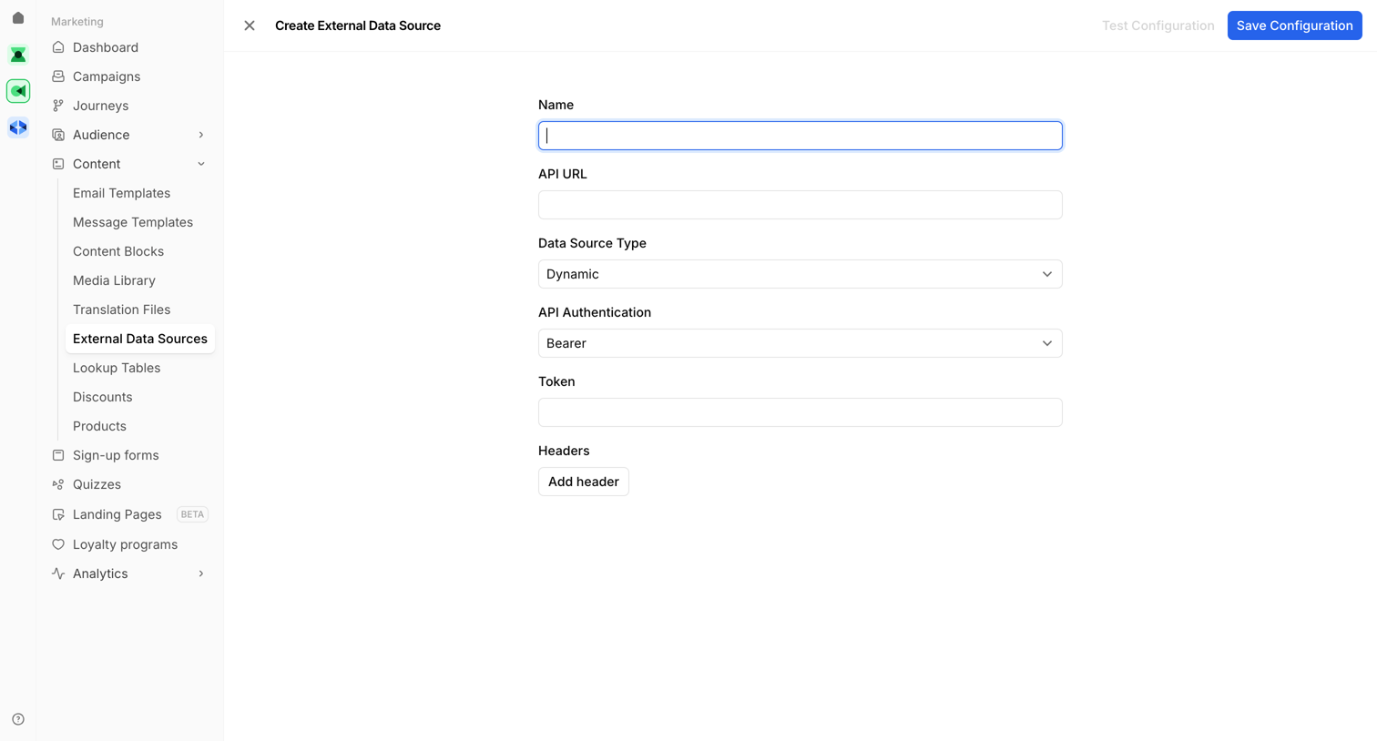 Bird - Create External Data Source | Bird screen