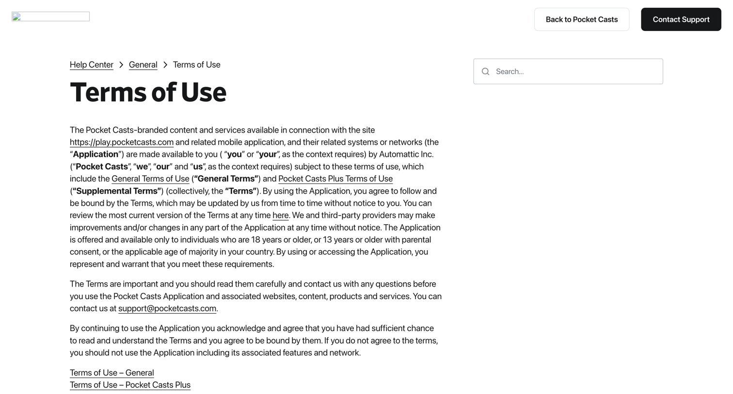 Pocket Casts - Terms of Use – Pocket Casts Support screen