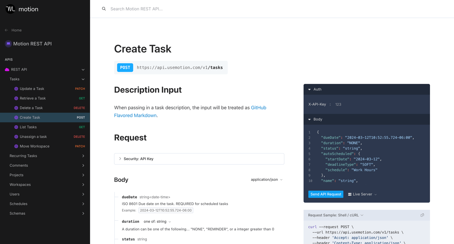 Motion - Create Task | Motion REST API screen