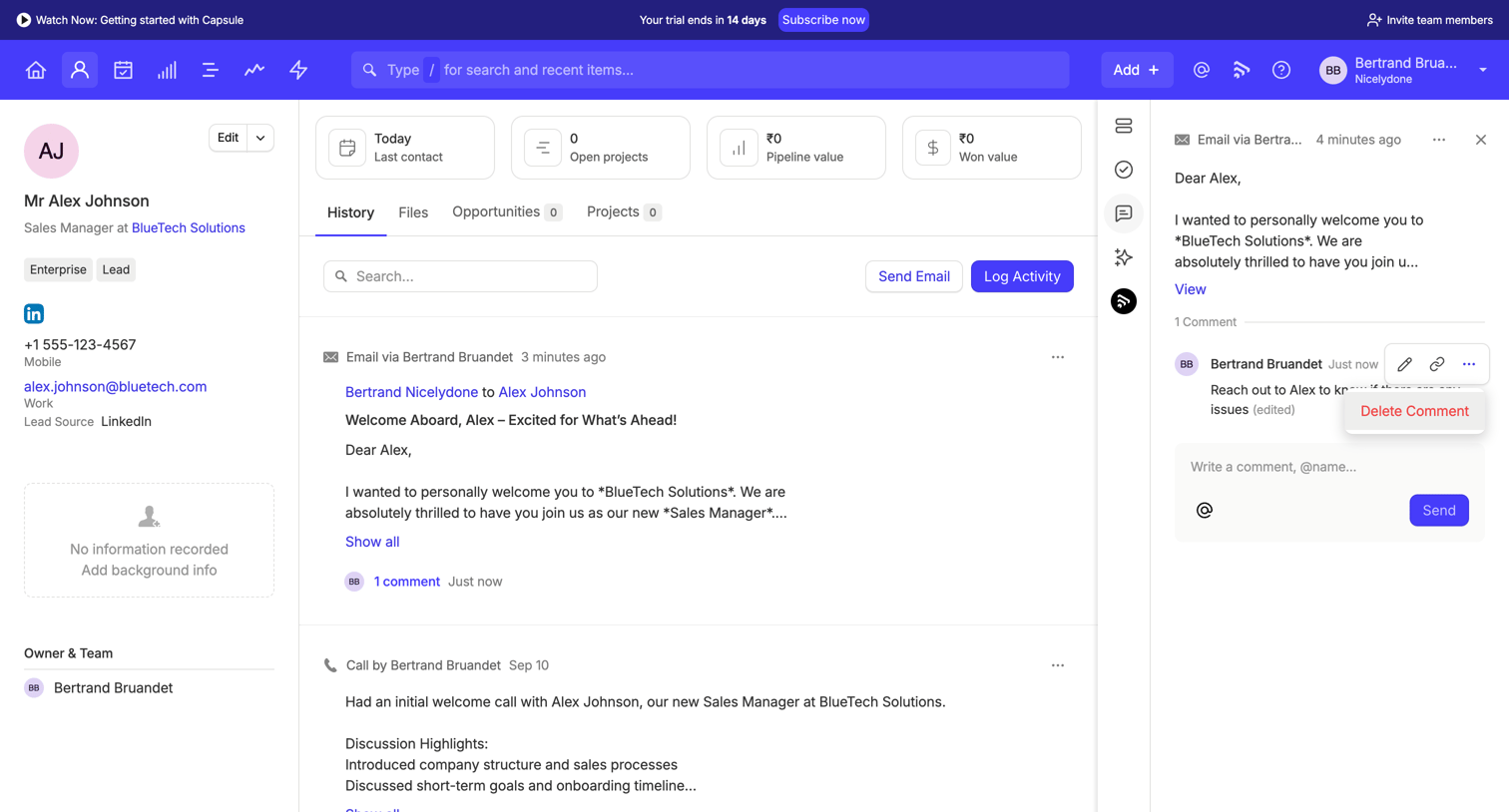 Capsule - Alex Johnson | Nicelydone CRM screen