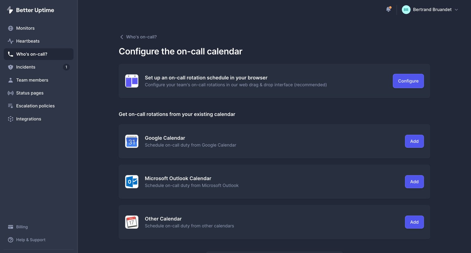 Better Stack - On-call calendar | Better Uptime screen