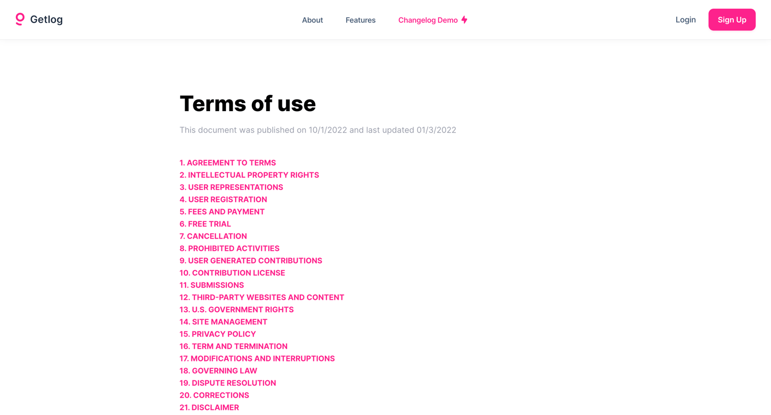 Getlog - Getlog - Terms of use screen