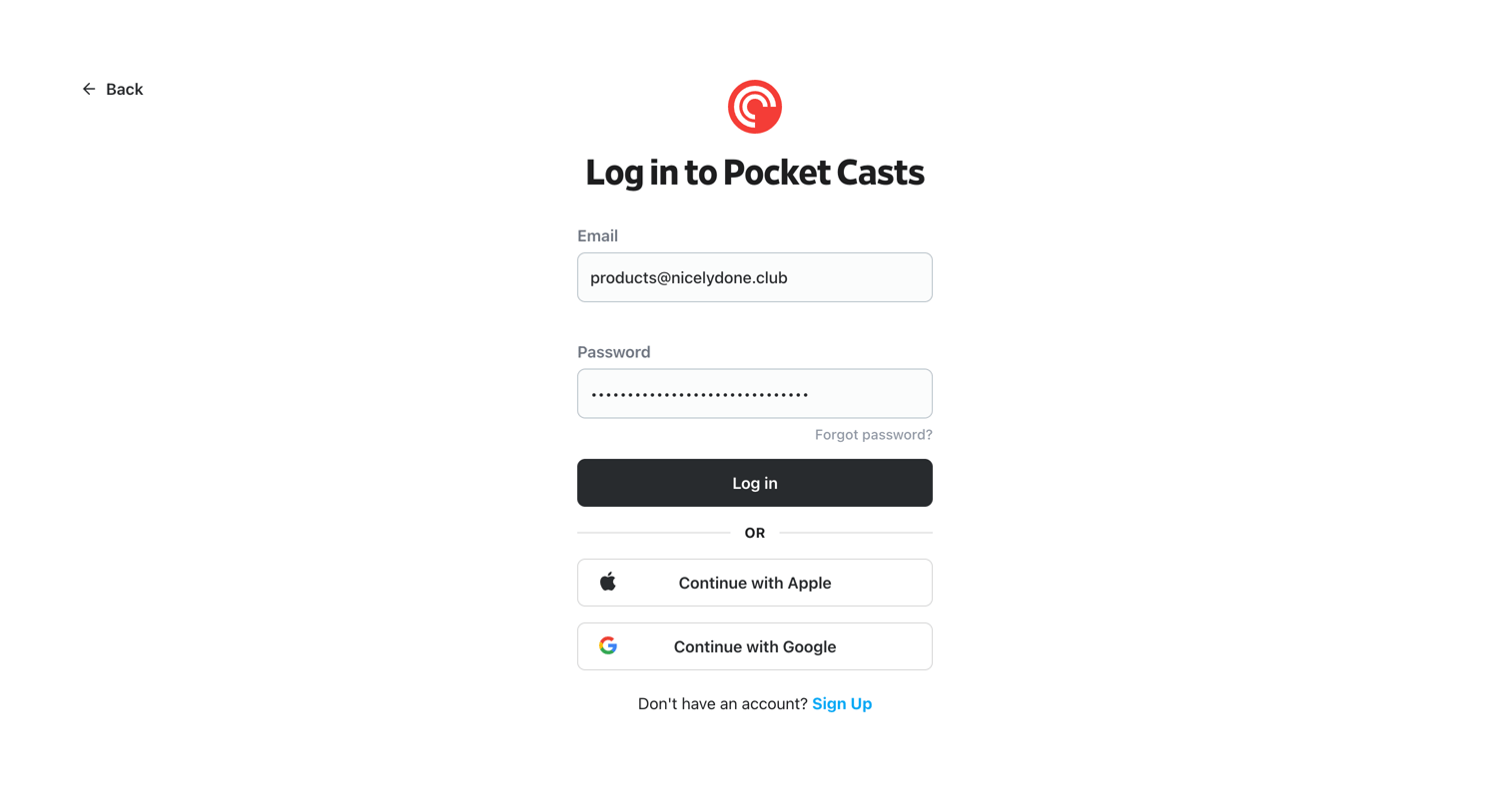 Pocket Casts - Log in - Pocket Casts screen