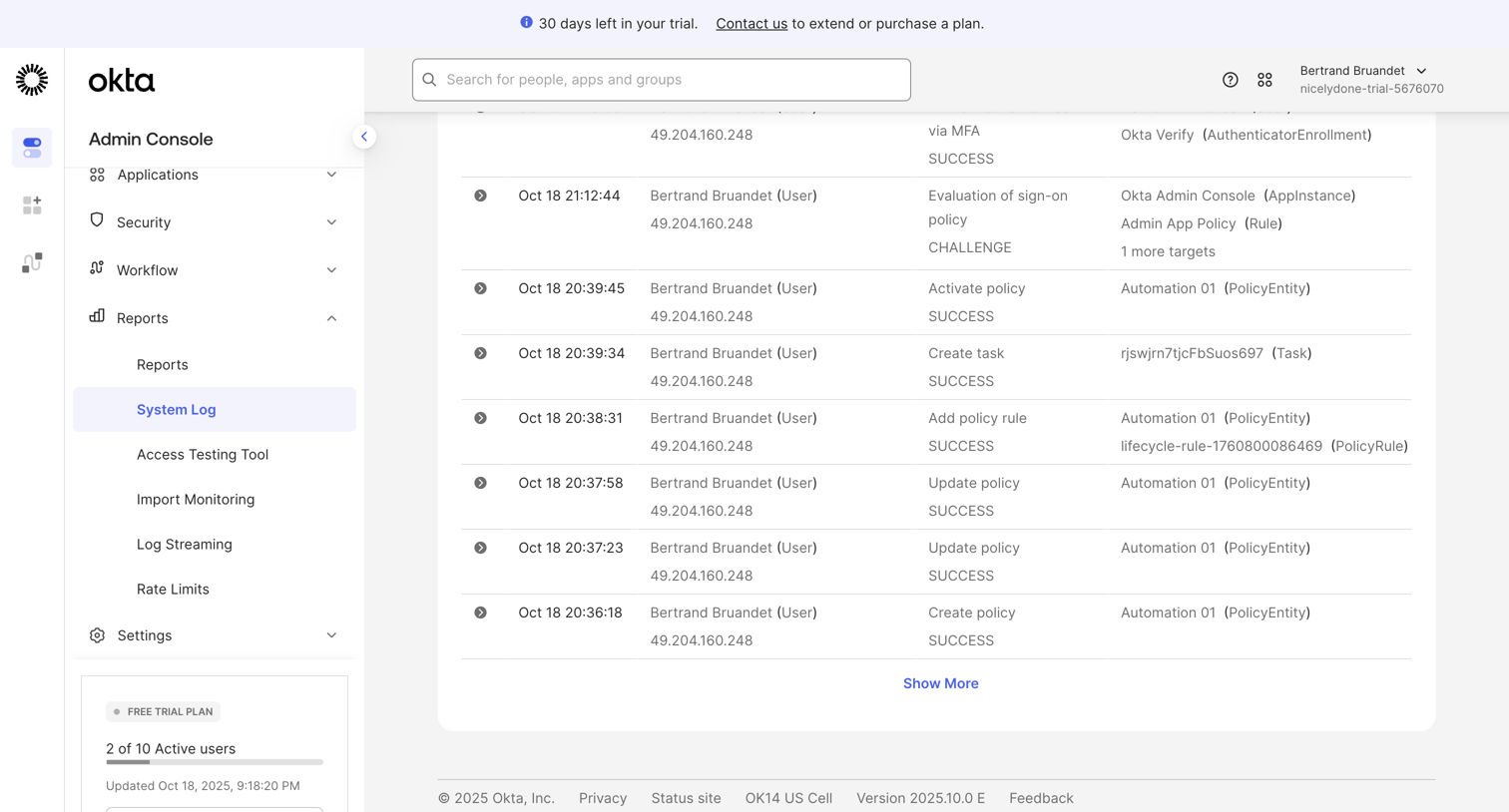 Okta - nicelydone-trial-5676070 - Reports - System Log screen
