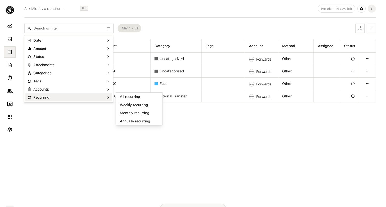 Midday - Transactions | Midday screen