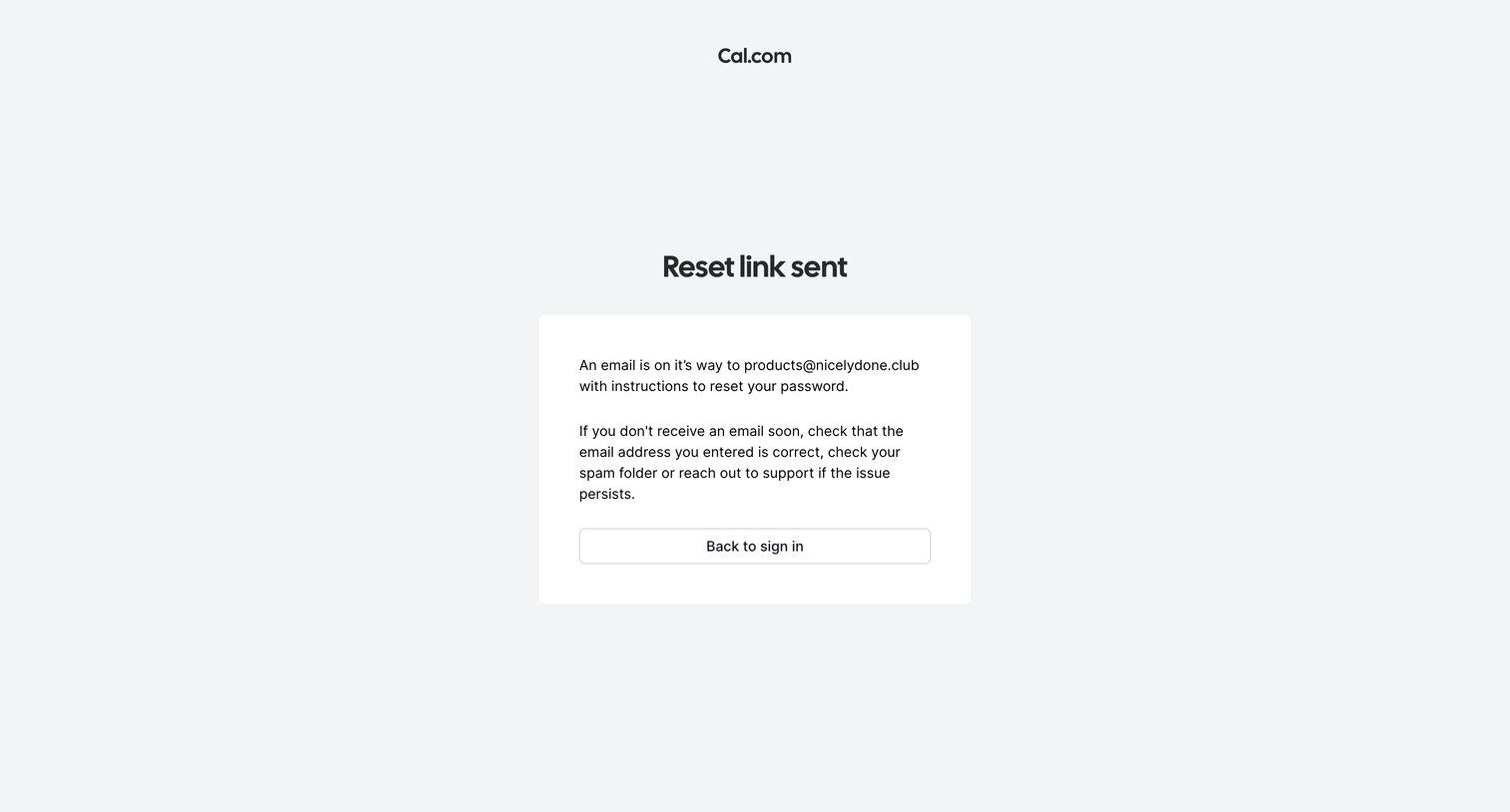 Cal.com - Reset link sent | Cal.com screen