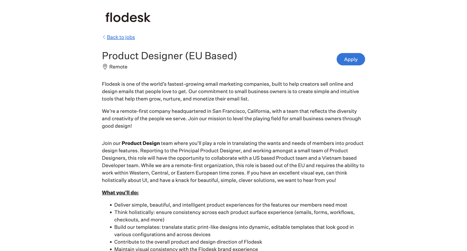 Flodesk - Job Application for Product Designer (EU Based) at Flodesk screen