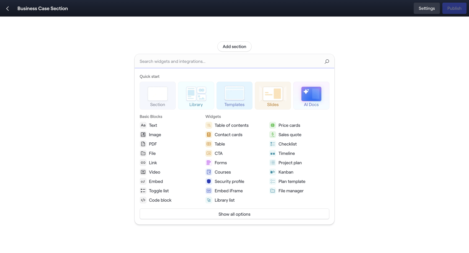 Dock - Editing: Business Case Section screen