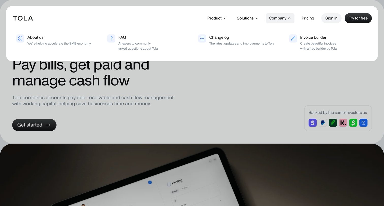 Tola - Tola - Accounts payable, accounts receivable and cash flow manage screen
