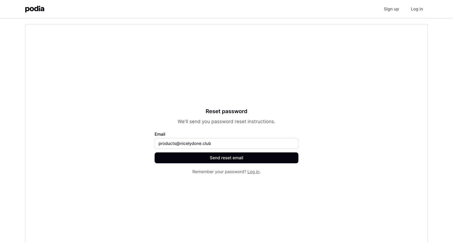 Podia - Podia Reset password screen