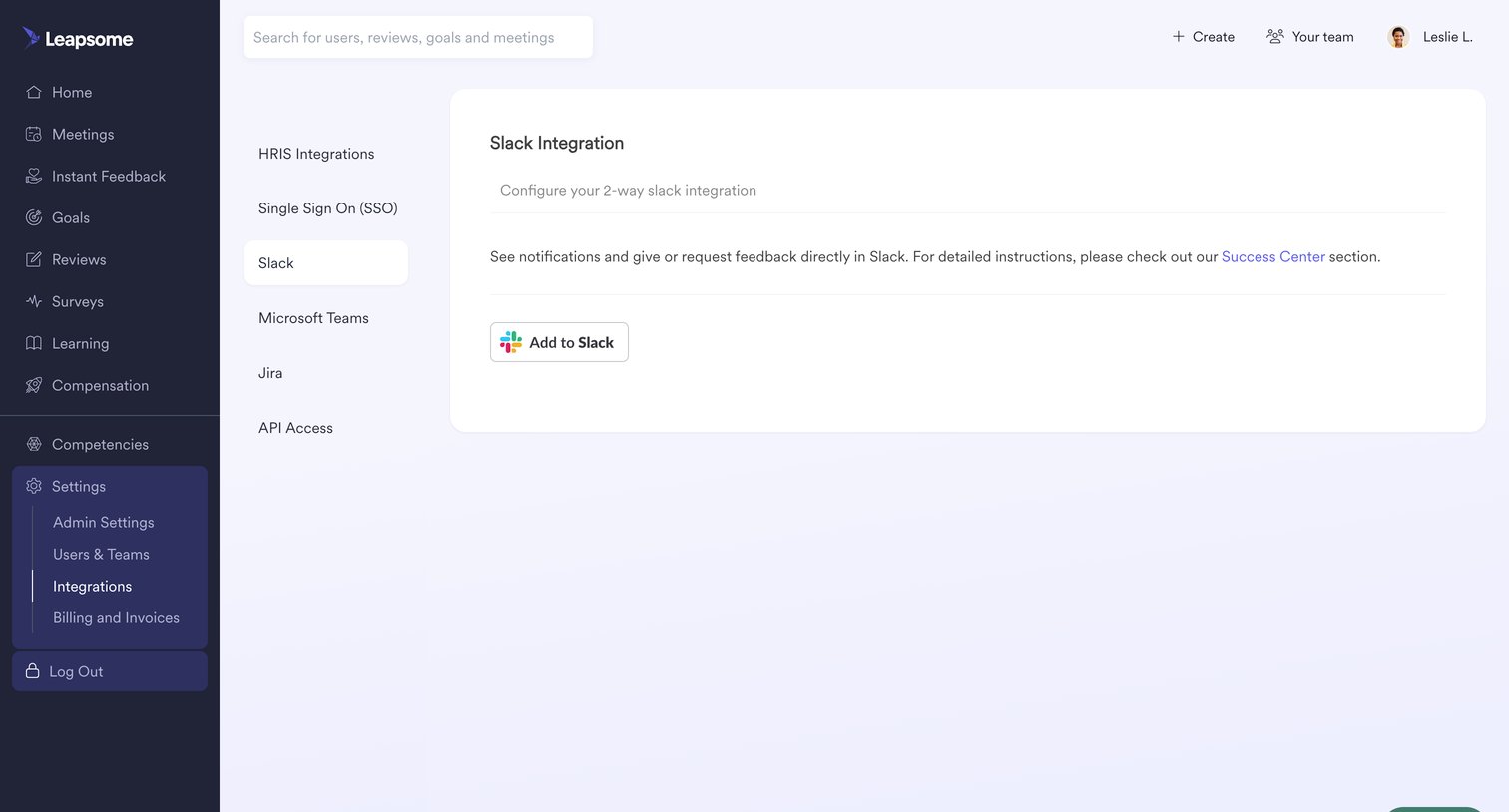 Leapsome - Settings | Integrations Leapsome screen