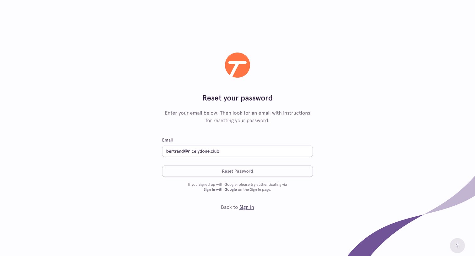 Tango - Reset Password screen