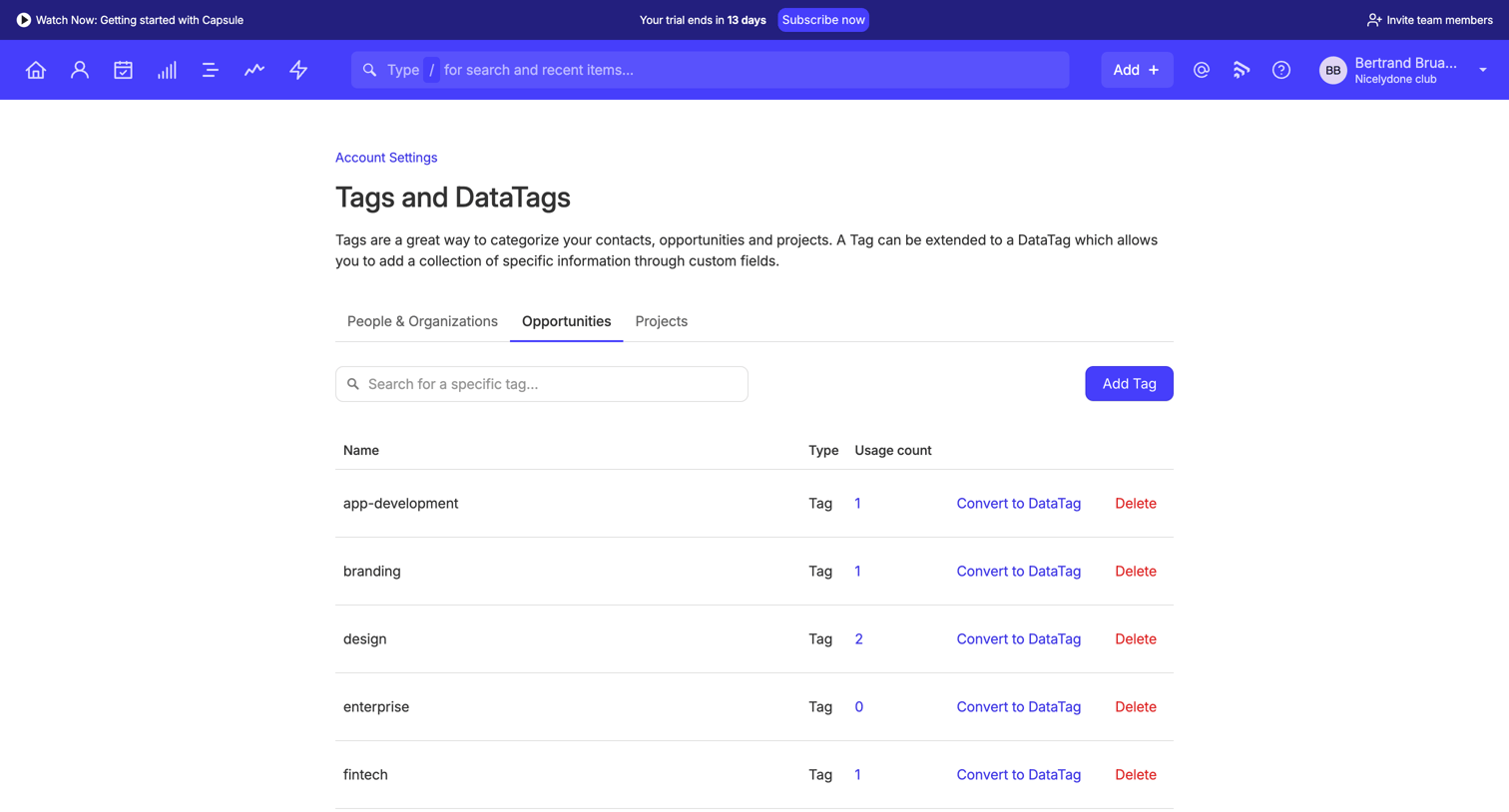 Capsule - Tags | Nicelydone club CRM screen