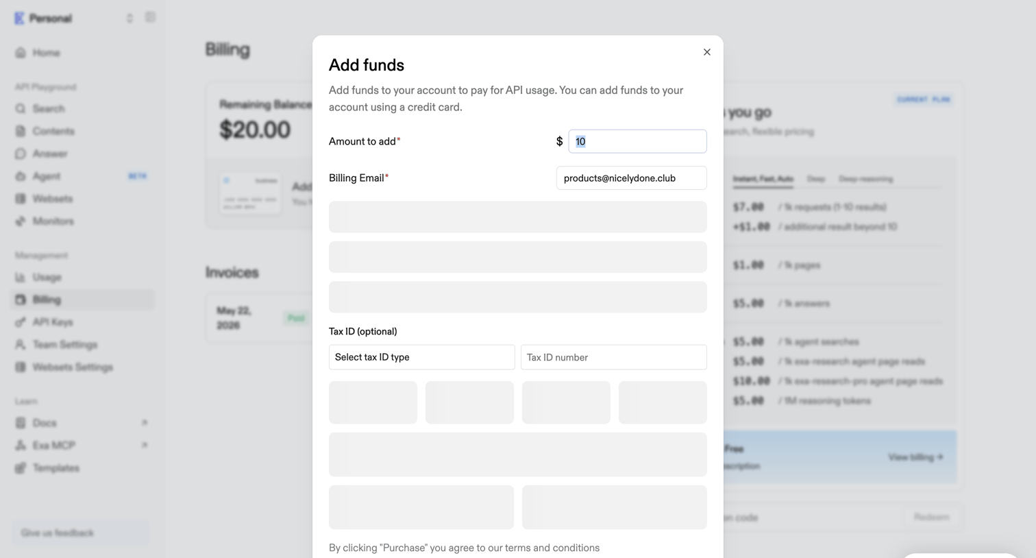 Exa - Billing | Exa API screen